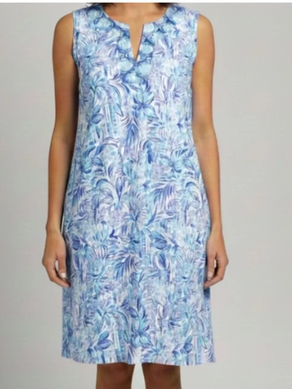 Stella Parker Blue Floral Palm Sleeveless UPF Protection Mini Dress Women L